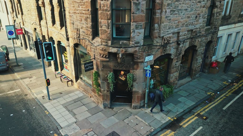 drone shot of shop in video production for Edinburgh's shop grow urban