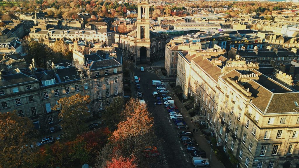 drone shot of shop in video production for Edinburgh's shop grow urban